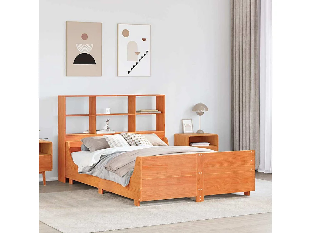Lit bibliothèque sans matelas cire marron 135x190cm bois massif