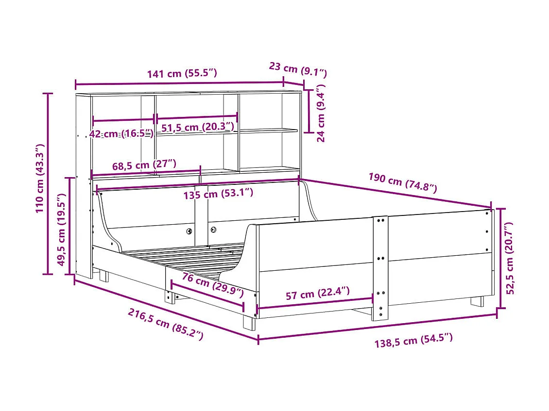 Lit bibliothèque sans matelas cire marron 135x190cm bois massif