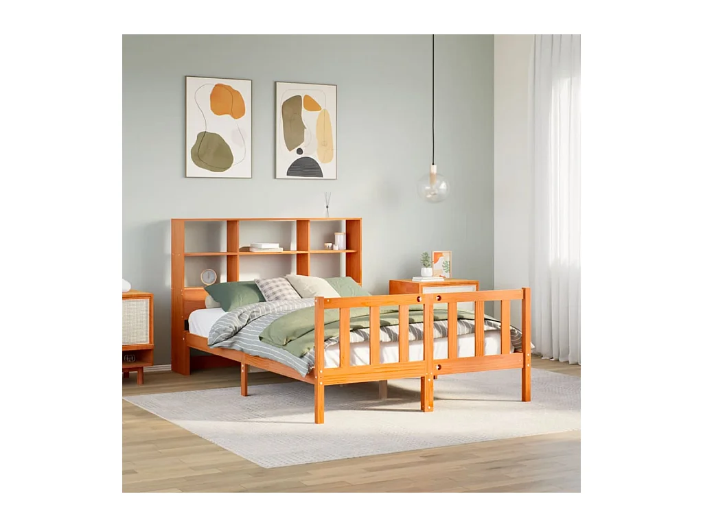 Massivholzbett mit Regal ohne Matratze Wachsbraun 135x190 cm