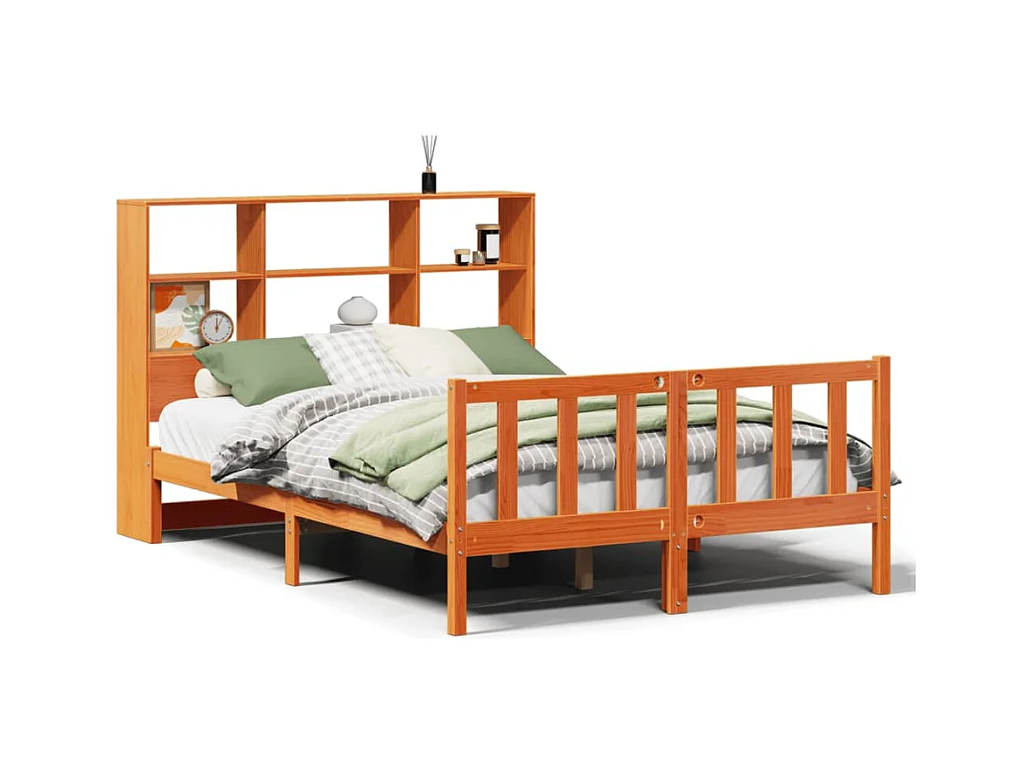 Massivholzbett mit Regal ohne Matratze Wachsbraun 135x190 cm