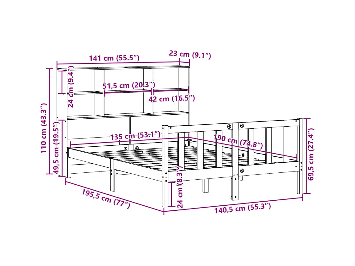 Massivholzbett mit Regal ohne Matratze Wachsbraun 135x190 cm