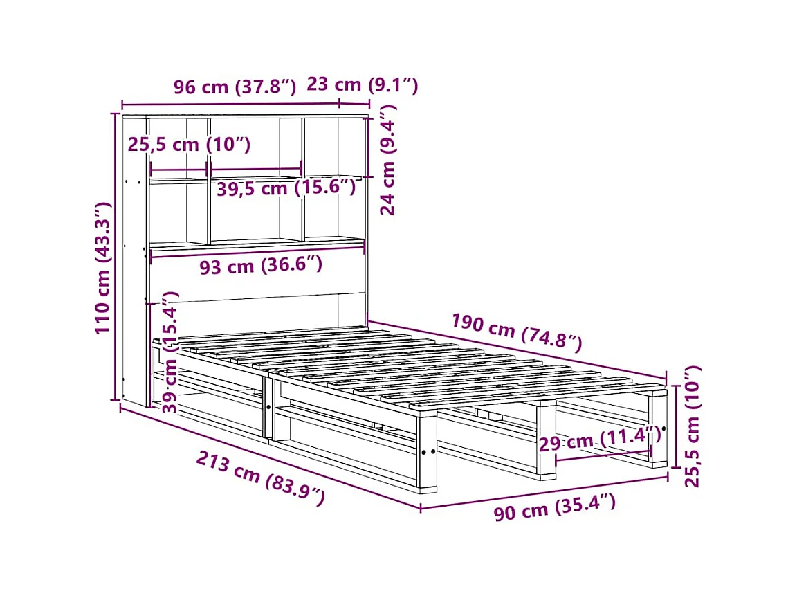 Lit bibliothèque sans matelas 90x190 cm bois massif