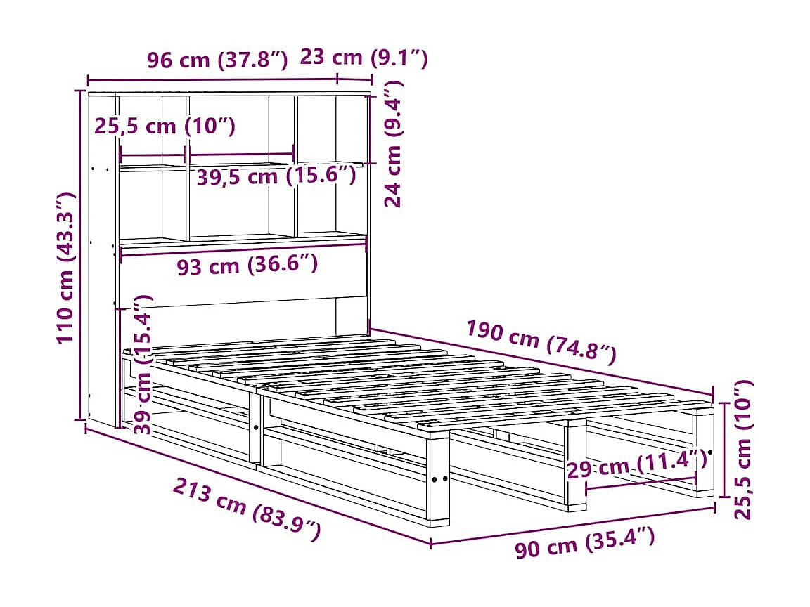 Lit bibliothèque sans matelas 90x190 cm bois massif