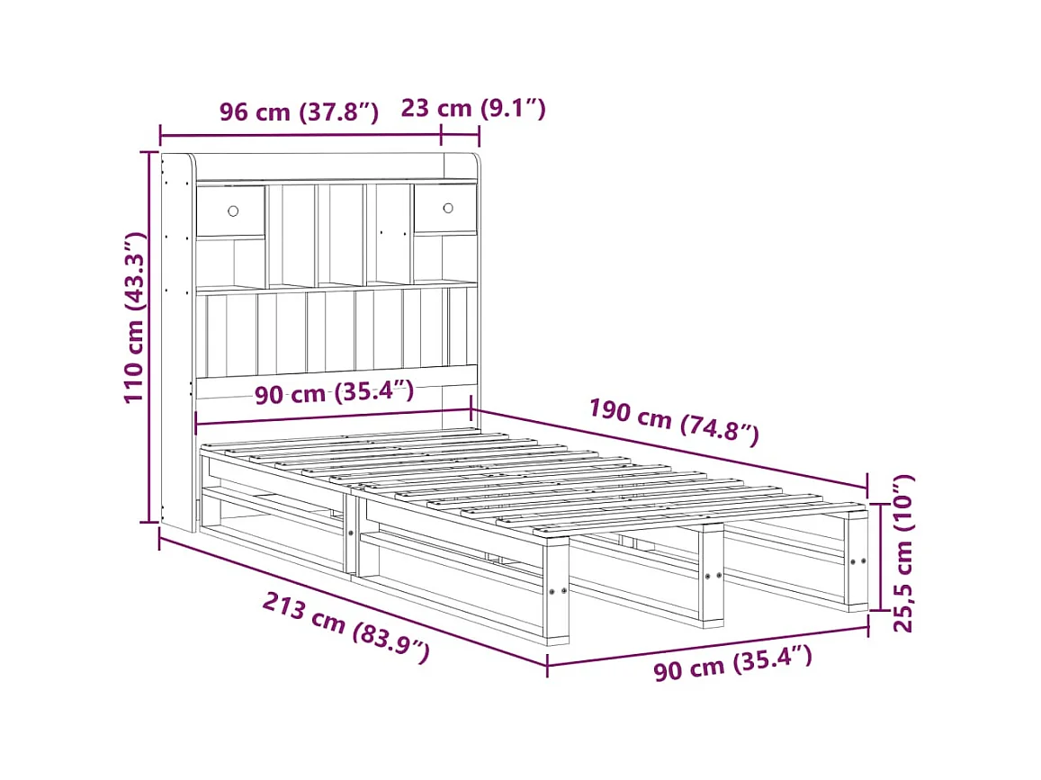 Lit bibliothèque sans matelas 90x190 cm bois de pin massif