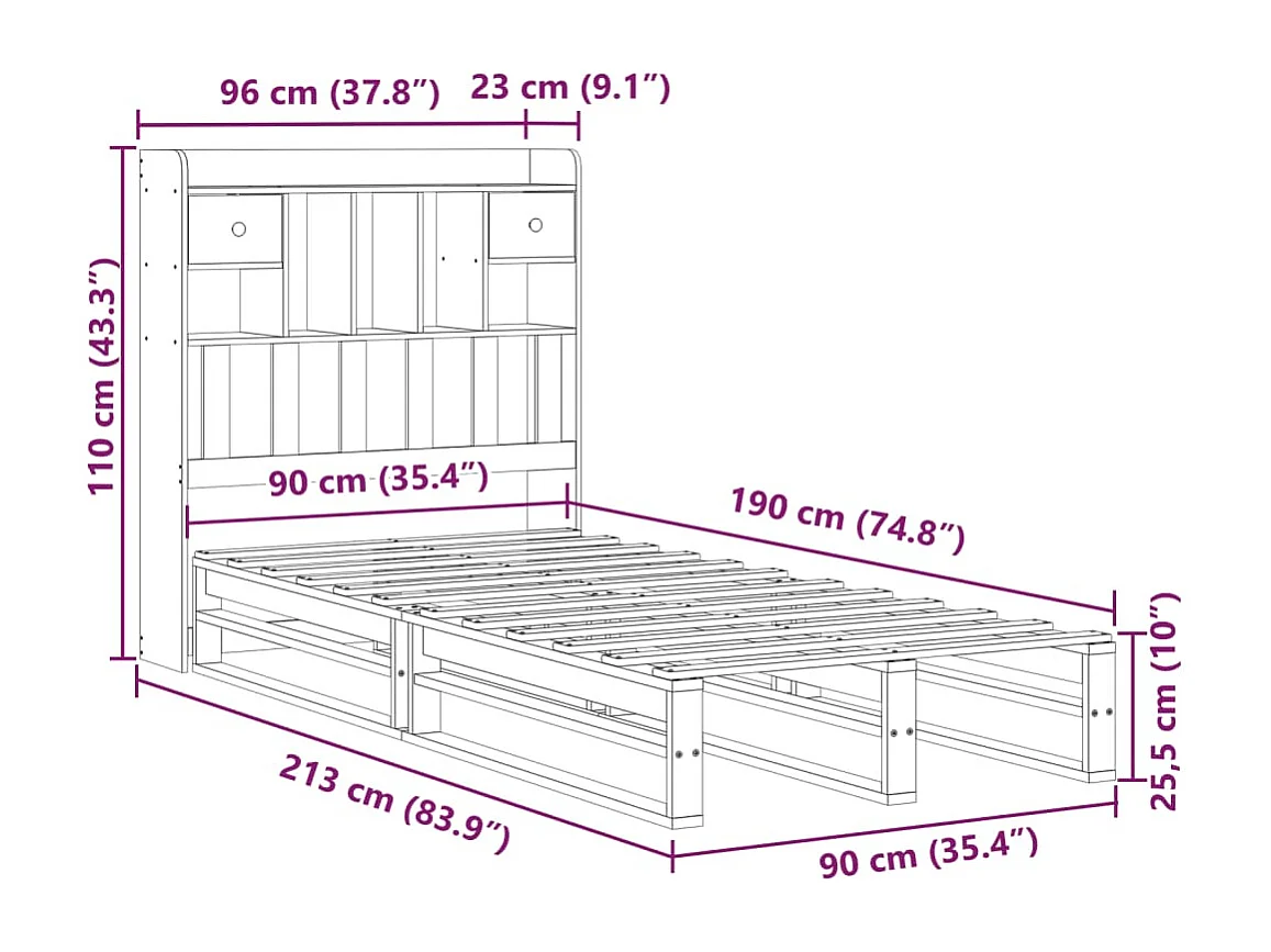 Lit bibliothèque sans matelas 90x190 cm bois de pin massif