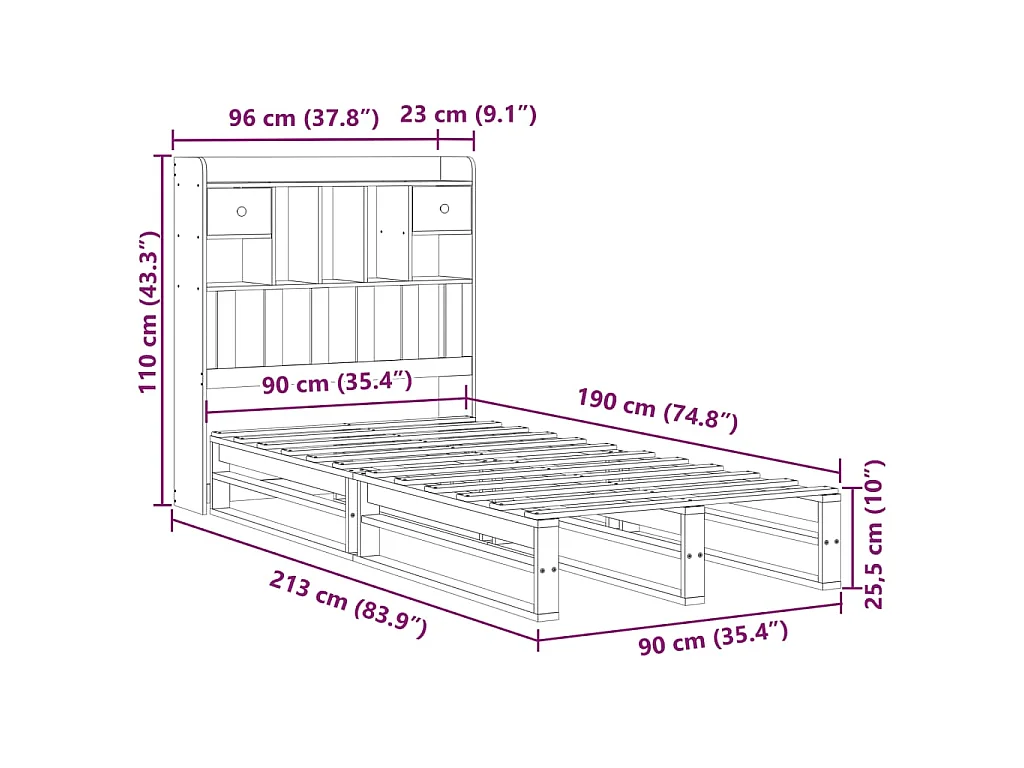 Massivholzbett mit Regal ohne Matratze 90x190 cm Kiefer