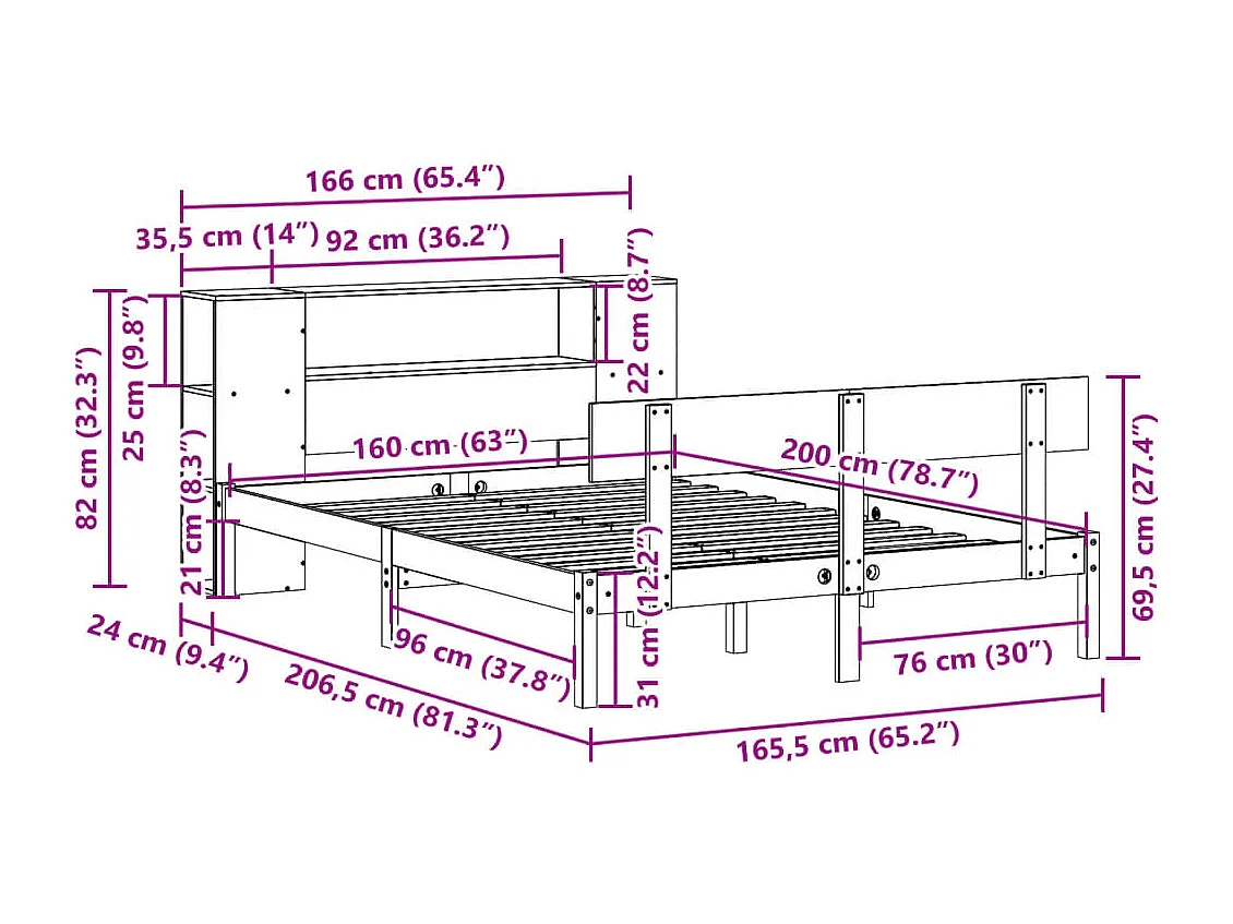 Letto Libreria senza Materasso Bianco 160x200 cm Legno di Pino