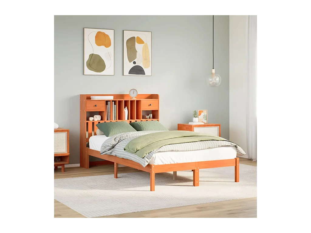Cama con estantería sin colchón madera maciza marrón 135x190cm