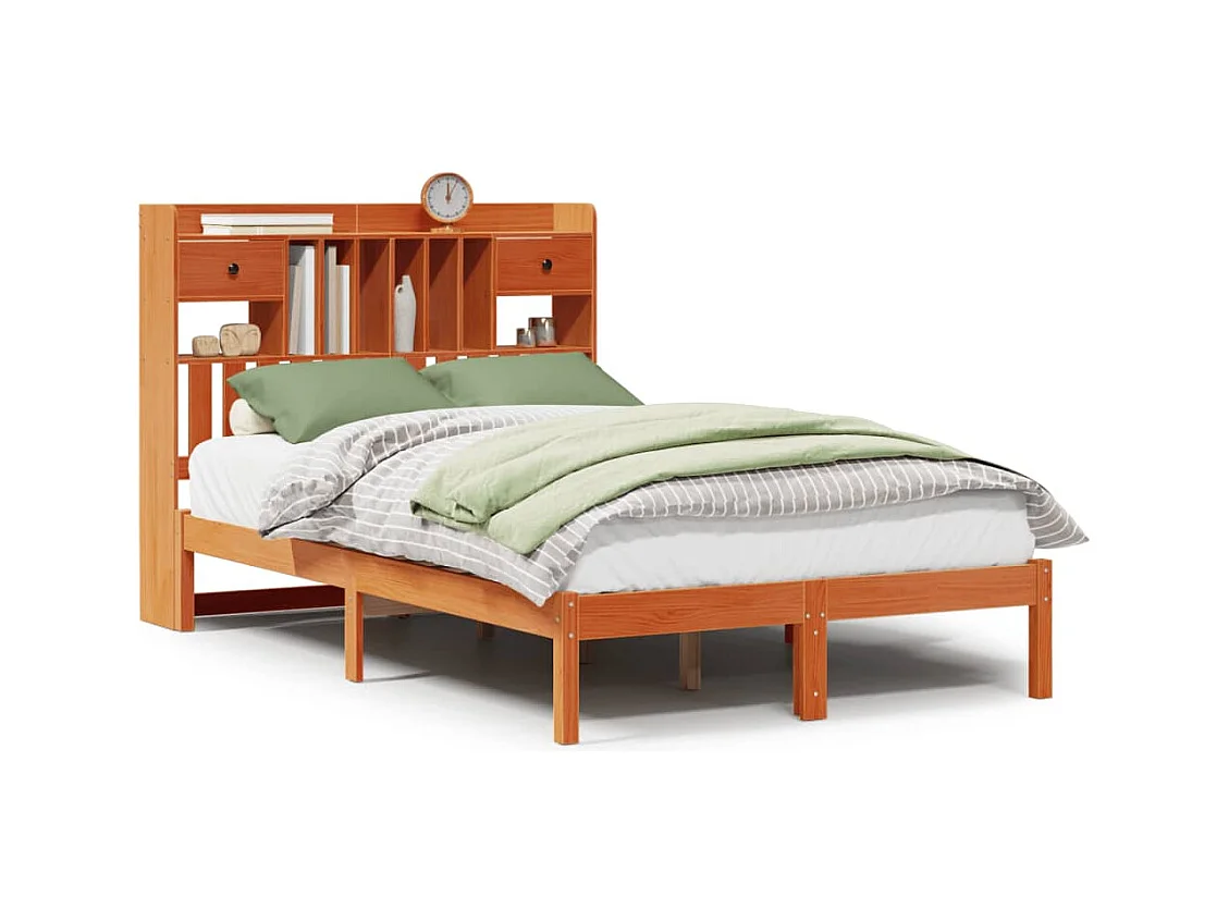 Cama con estantería sin colchón madera maciza marrón 135x190cm