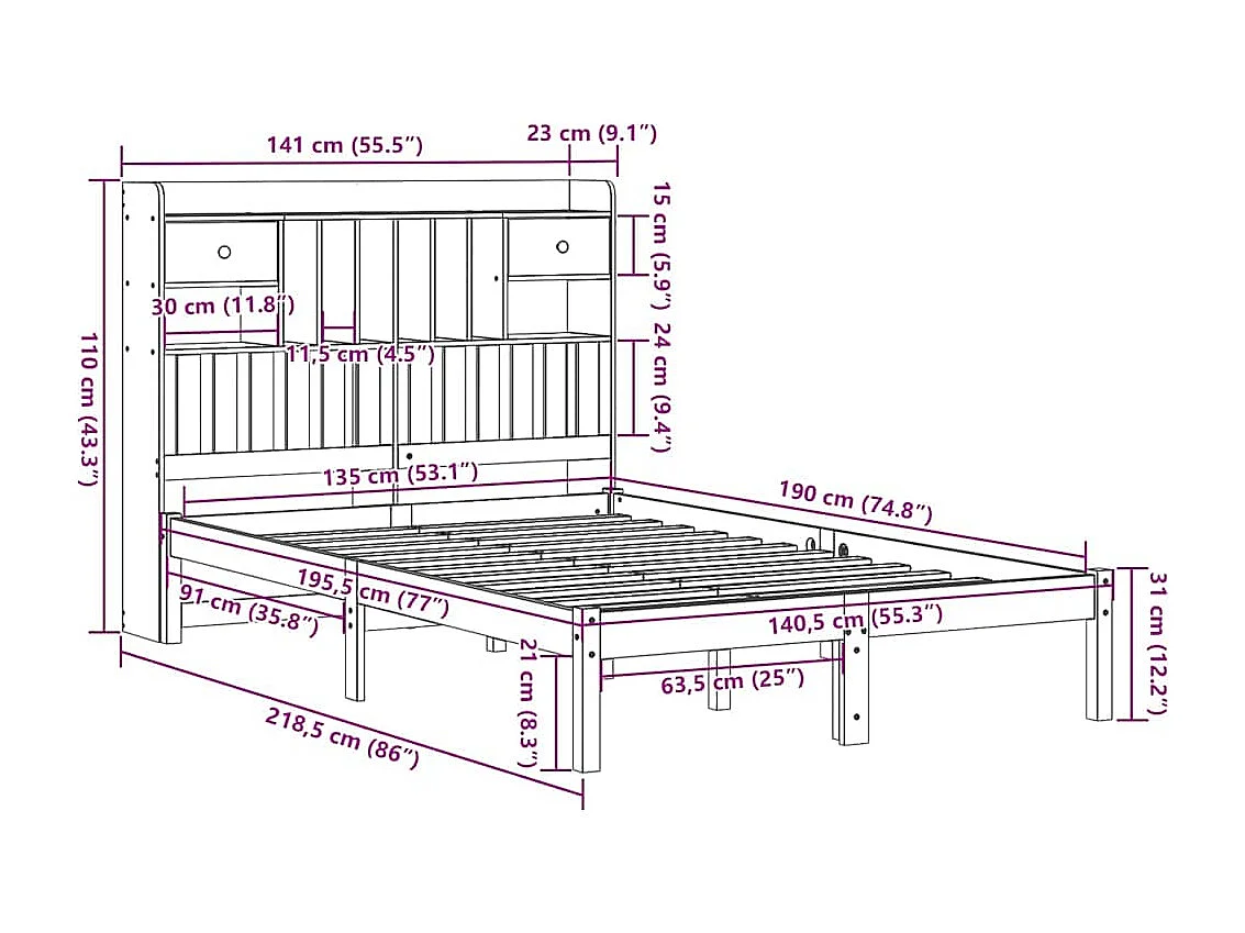 Lit bibliothèque sans matelas cire marron 135x190 cm pin massif