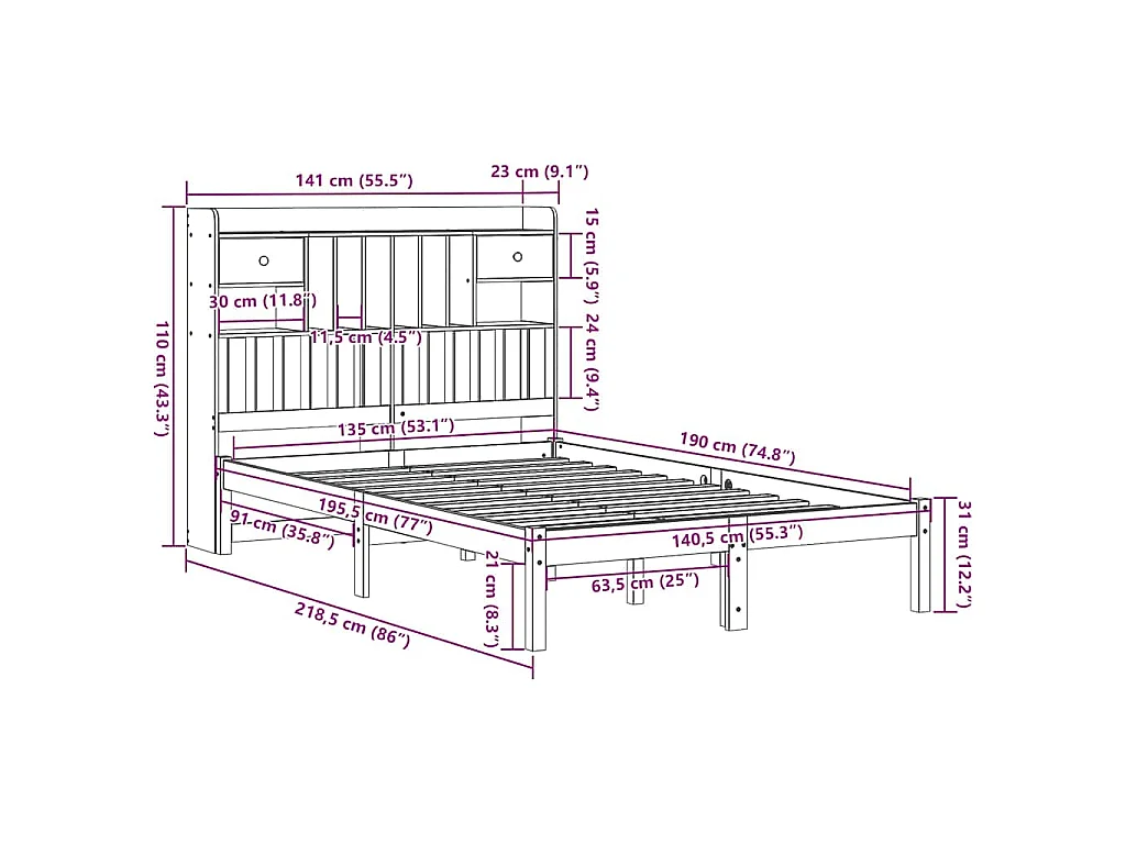 Cama com estante sem colchão 135x190 cm pinho maciço
