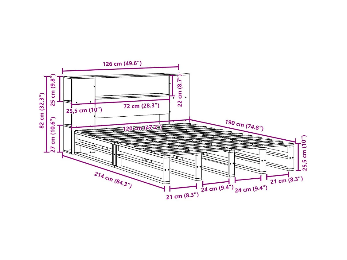 Massivholzbett mit Regal ohne Matratze Wachsbraun 120x190 cm
