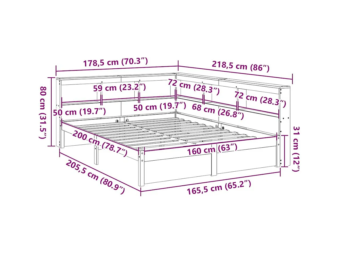 Bed met boekenkast zonder matras grenenhout wit 160x200 cm
