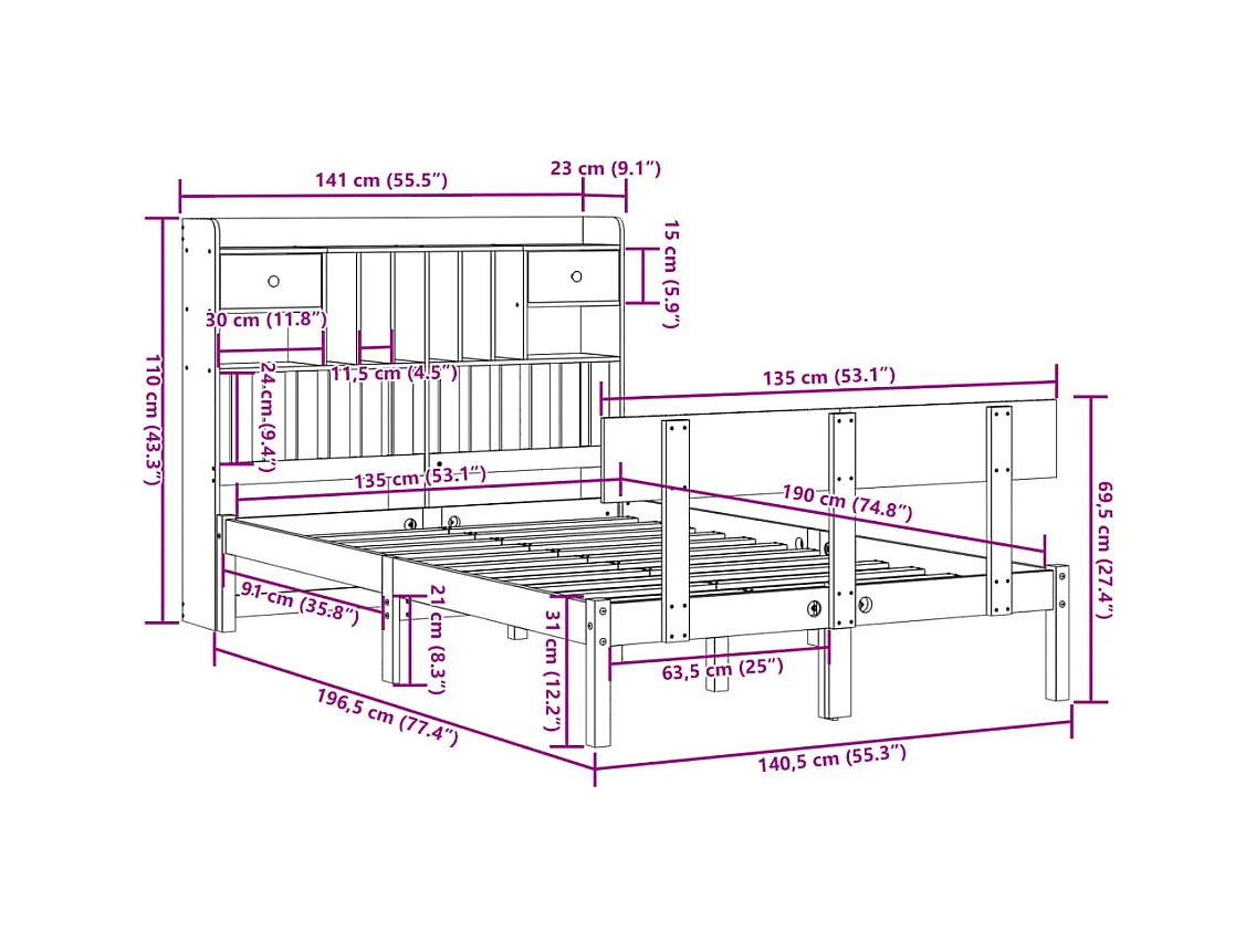 Bed met boekenkast zonder matras grenenhout wit 135x190 cm