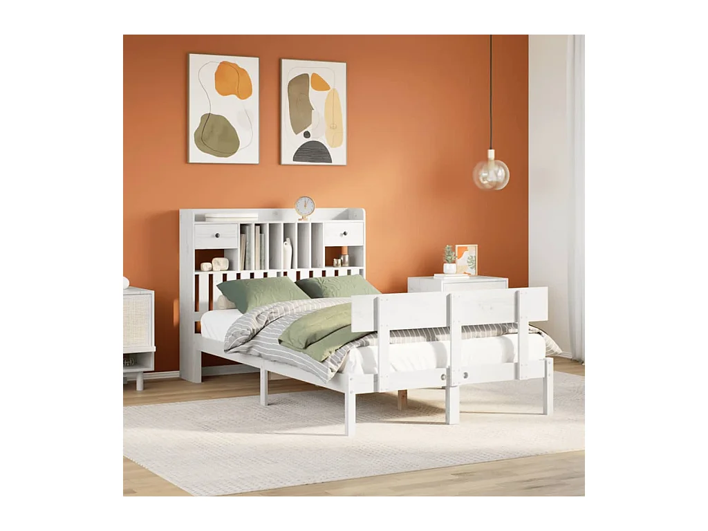 Lit bibliothèque sans matelas blanc 135x190 cm bois pin massif
