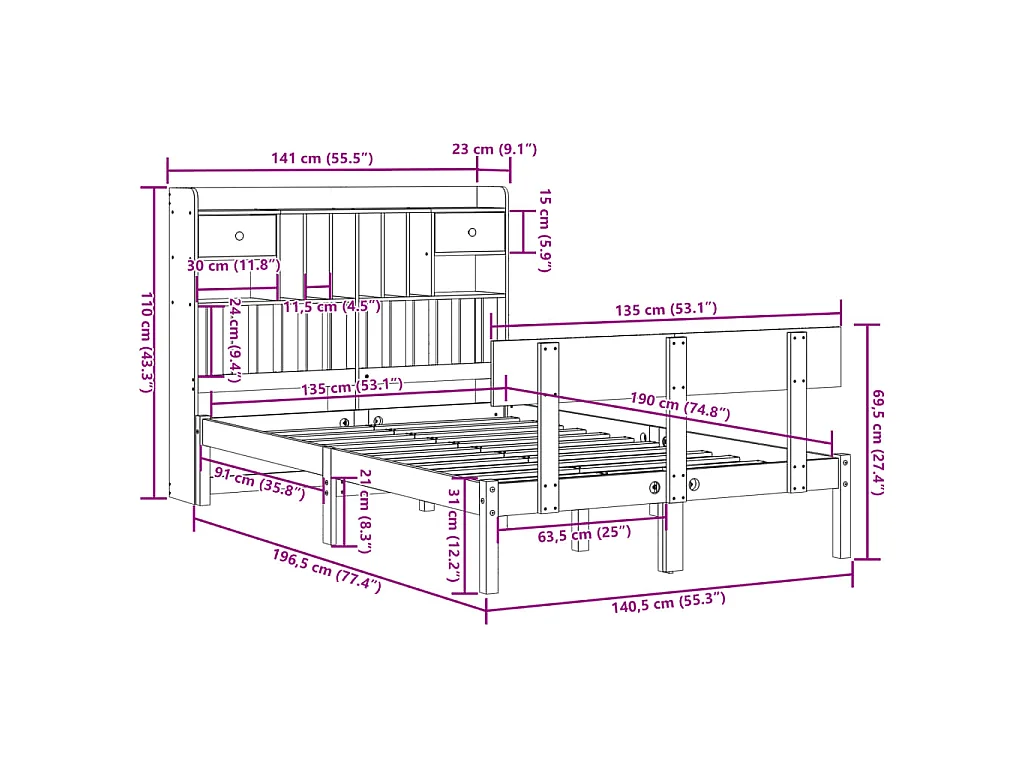 Cama com estante sem colchão 135x190 cm pinho maciço branco