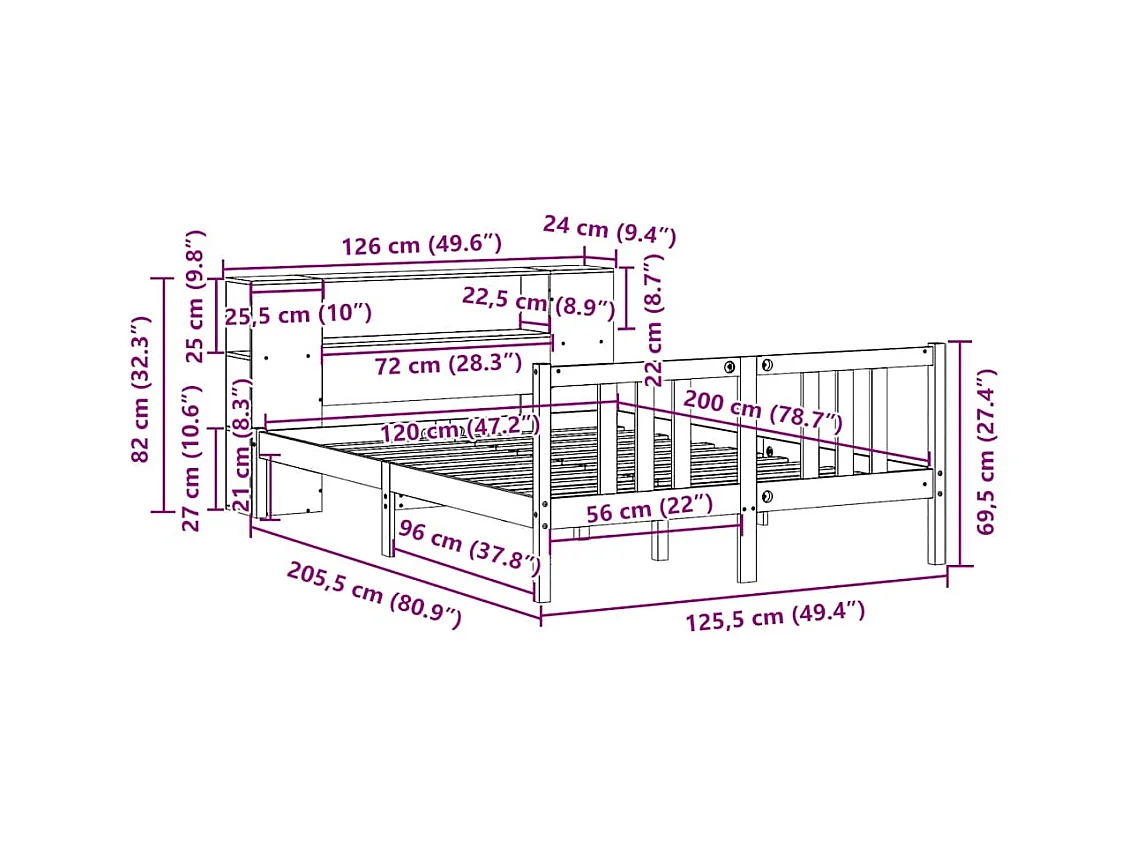 Lit bibliothèque sans matelas 120x200 cm bois de pin massif