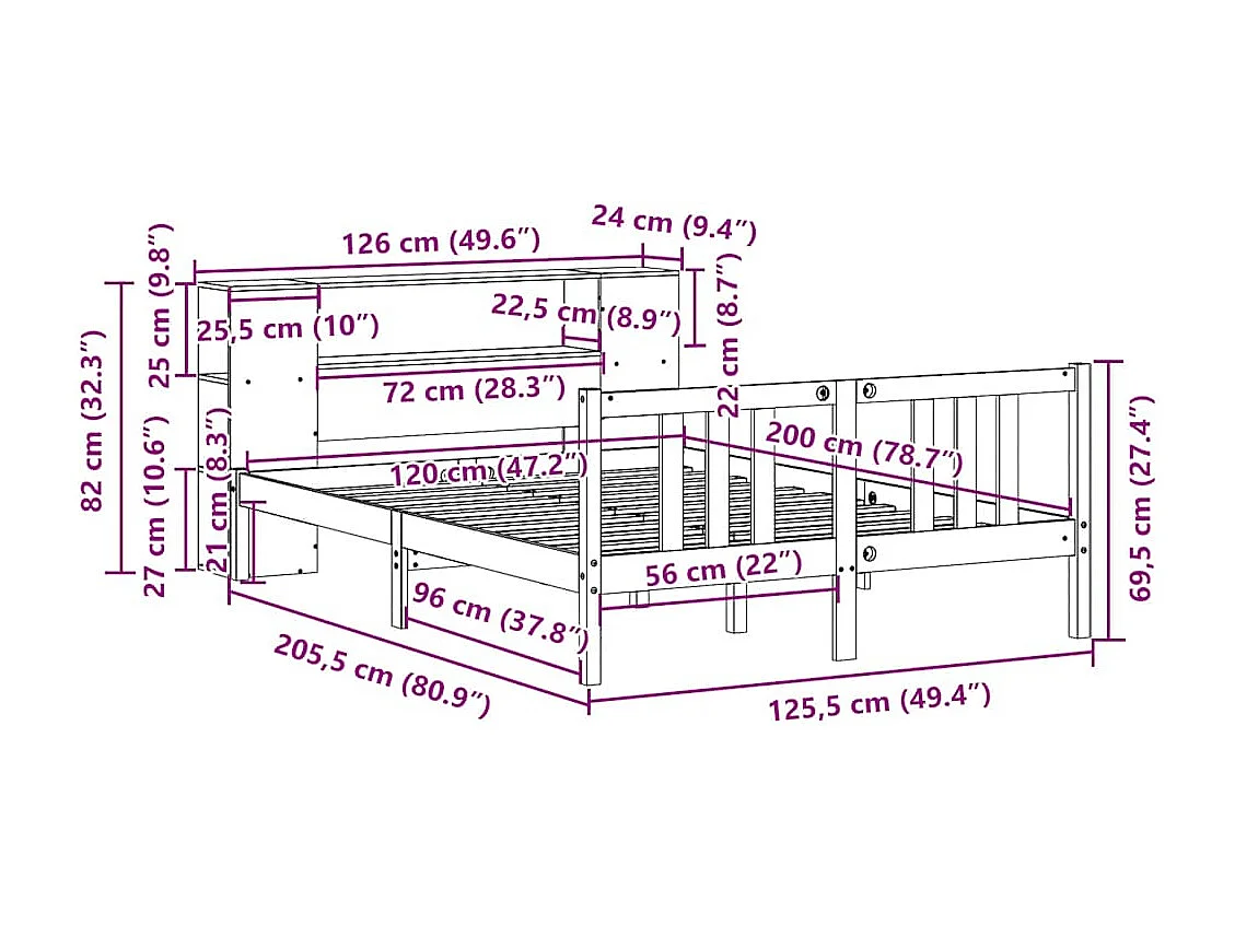 Bed met boekenkast zonder matras massief grenenhout 120x200 cm