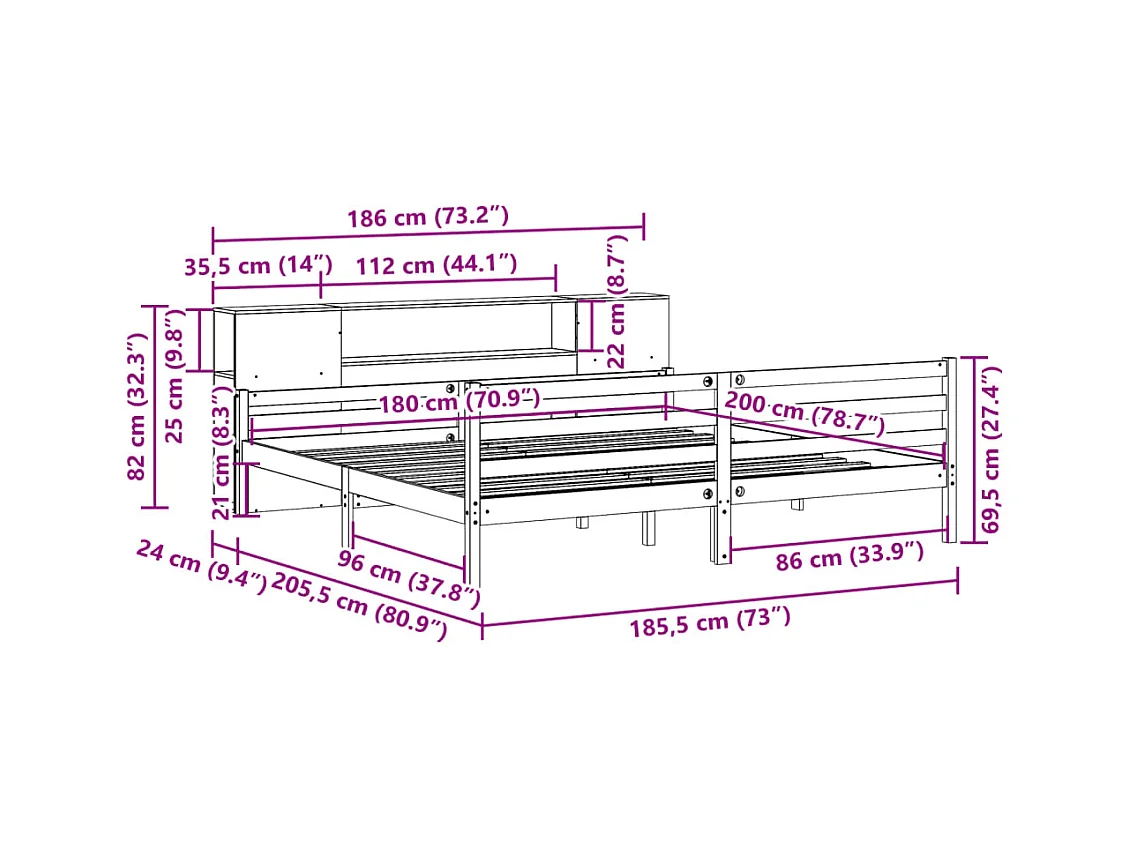Massivholzbett mit Regal ohne Matratze Weiß 180x200 cm Kiefer