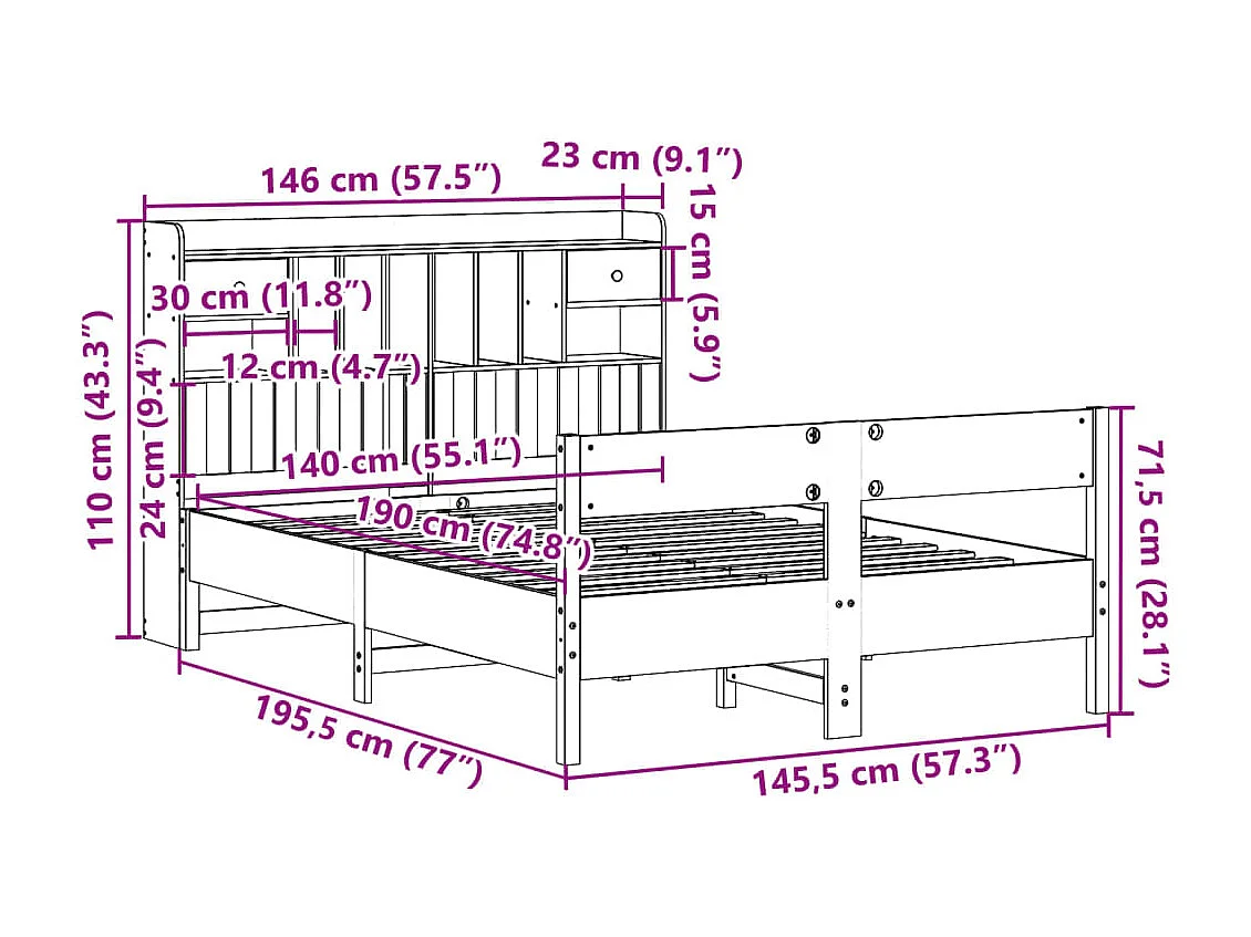 Massivholzbett mit Regal ohne Matratze 140x190 cm Kiefer