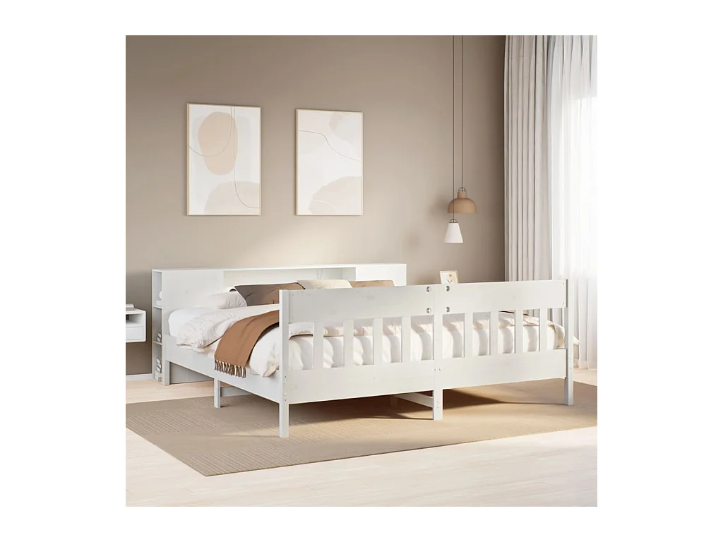 Cama con estantería sin colchón madera maciza blanca 180x200 cm