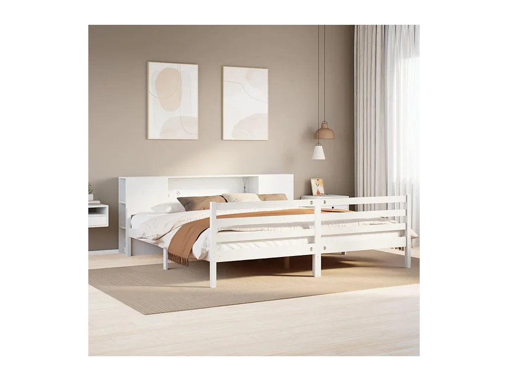 Bed met boekenkast zonder matras grenenhout wit 200x200 cm
