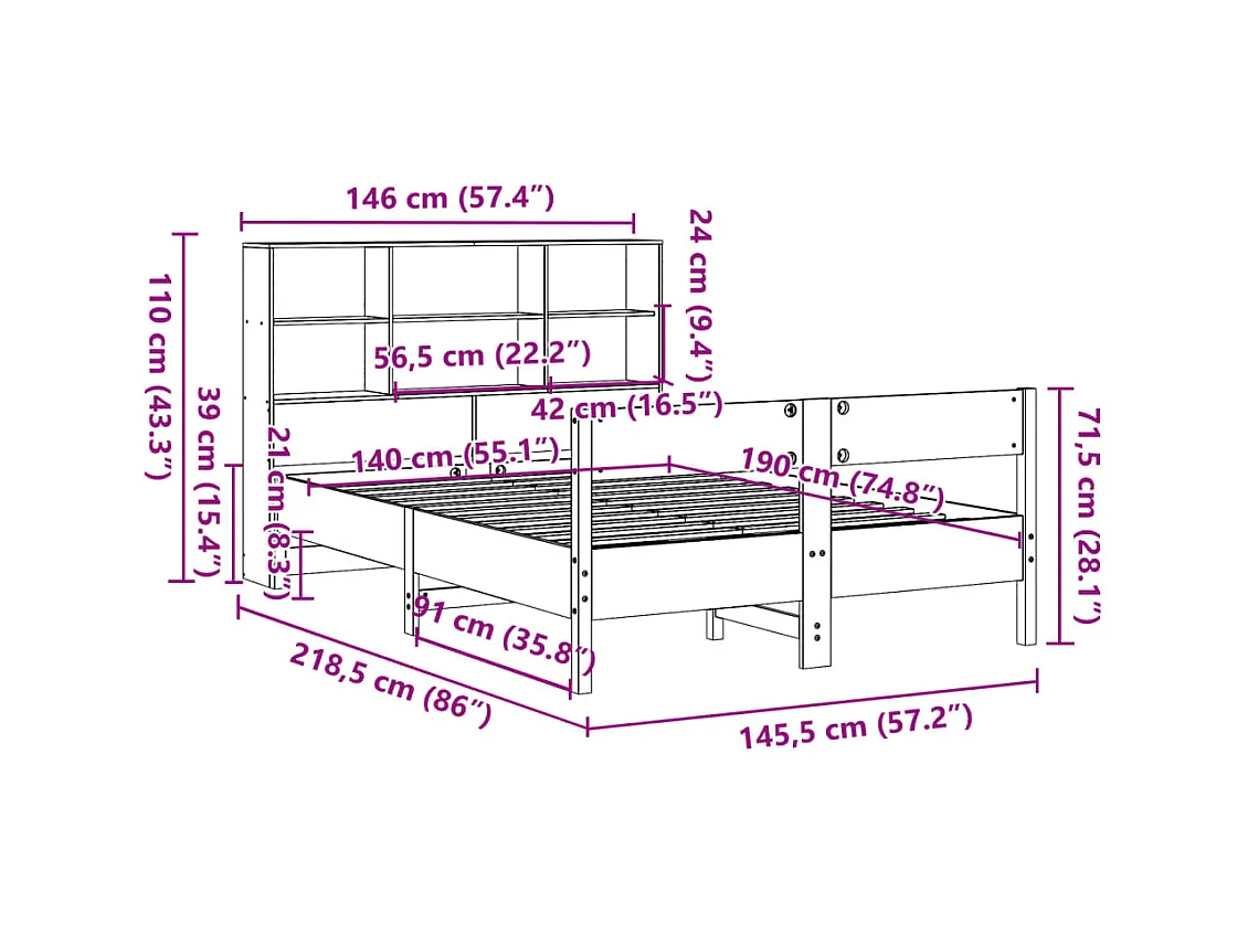 Lit bibliothèque sans matelas blanc 140x190 cm bois pin massif