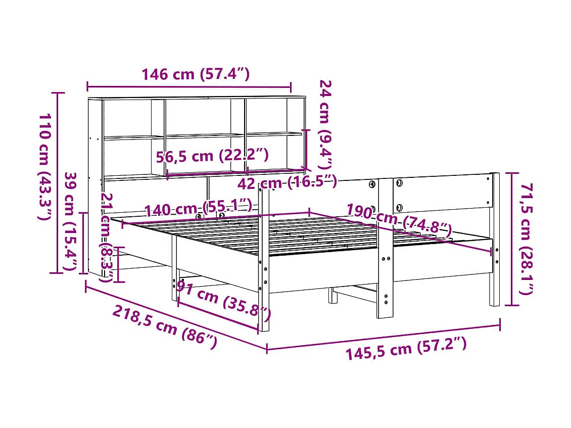 Cama con estantería sin colchón madera maciza blanca 140x190 cm