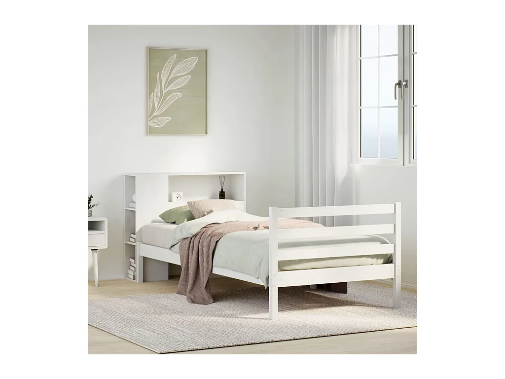Lit bibliothèque sans matelas blanc 90x200cm bois de pin massif