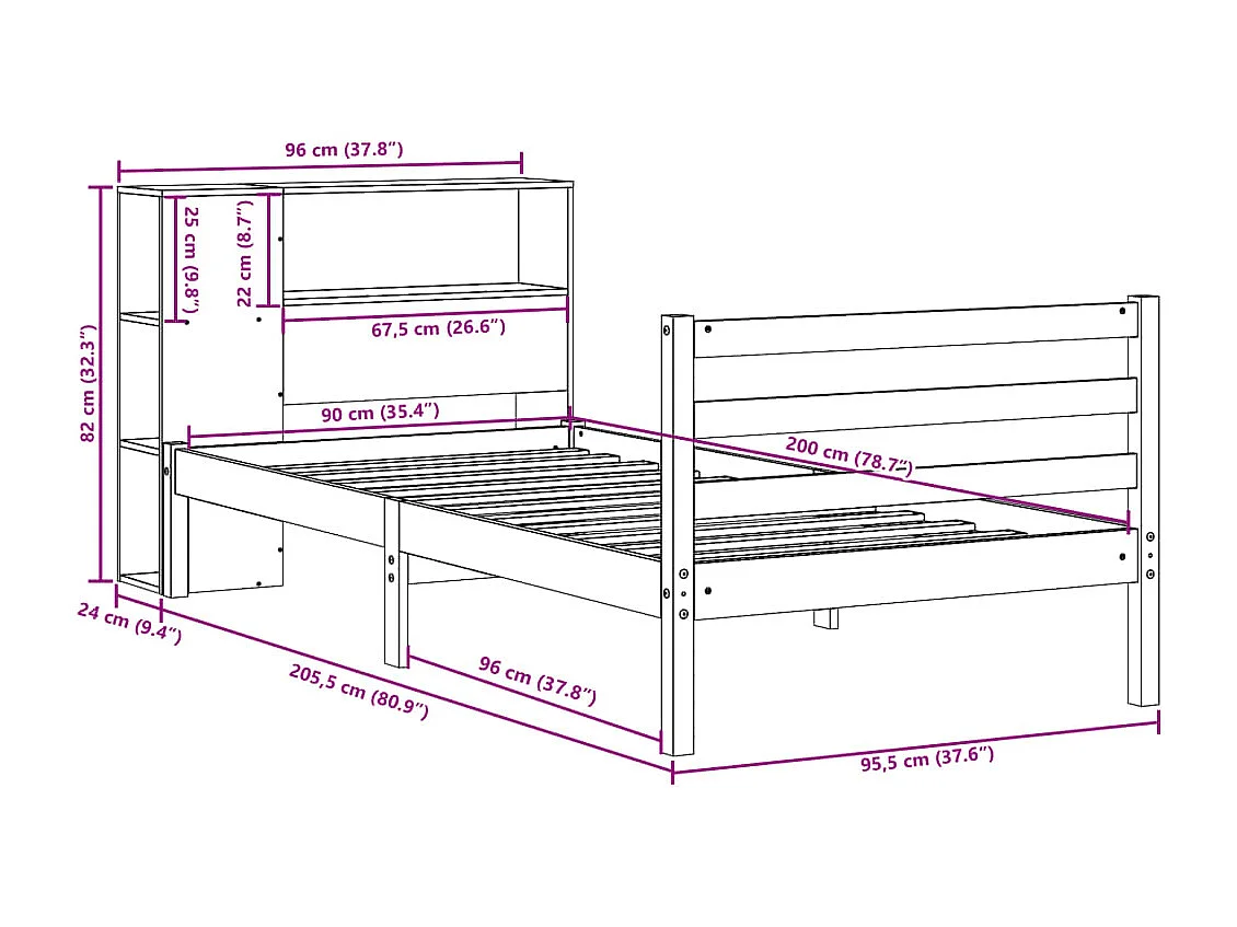 Massivholzbett mit Regal ohne Matratze Weiß 90x200 cm Kiefer