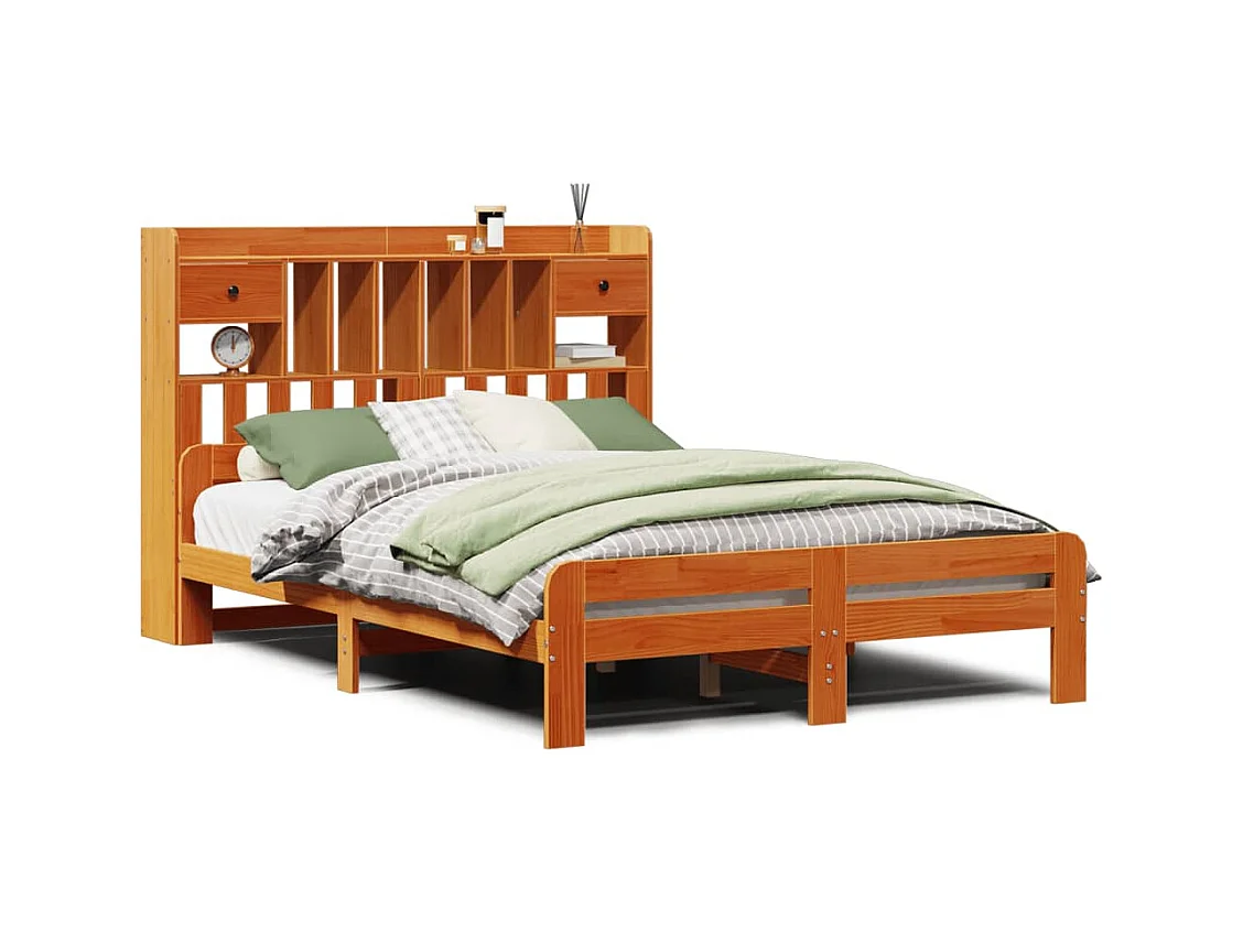 Lit bibliothèque sans matelas cire marron 140x200 cm pin massif