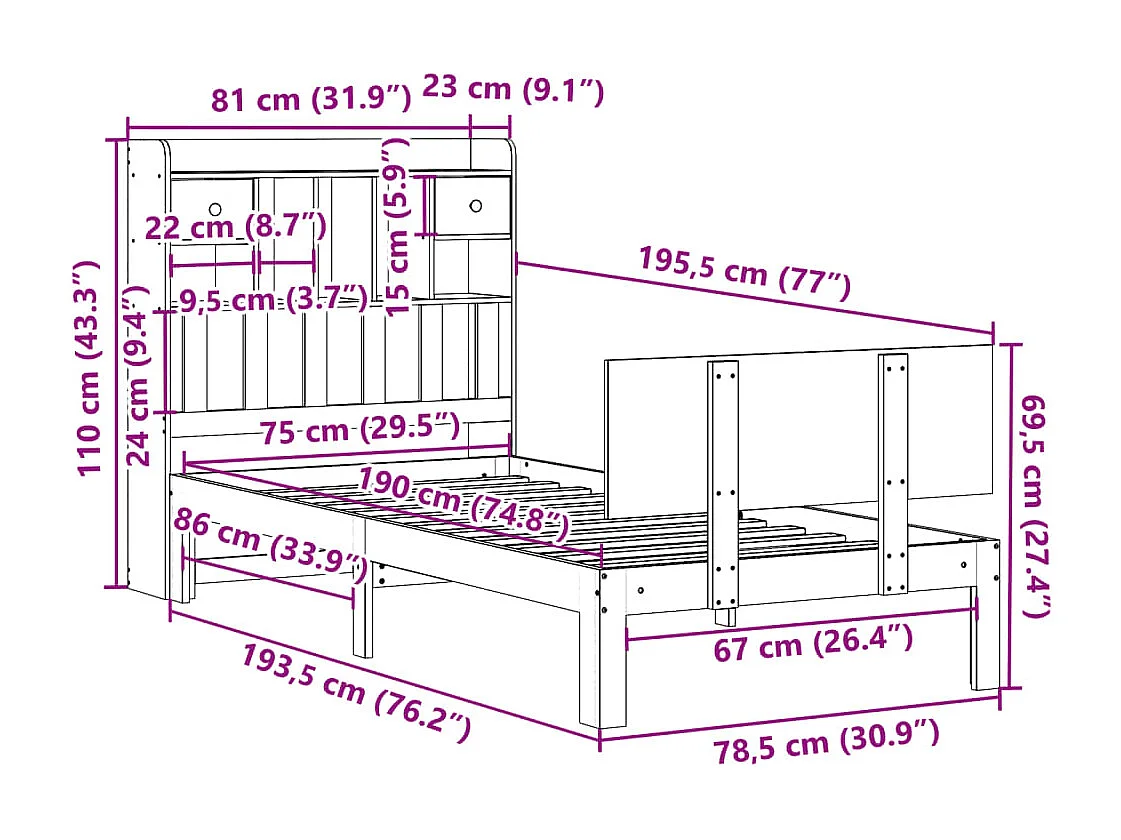 Bücherregalbett ohne Matratze 75x190 cm Massivholz Kiefer