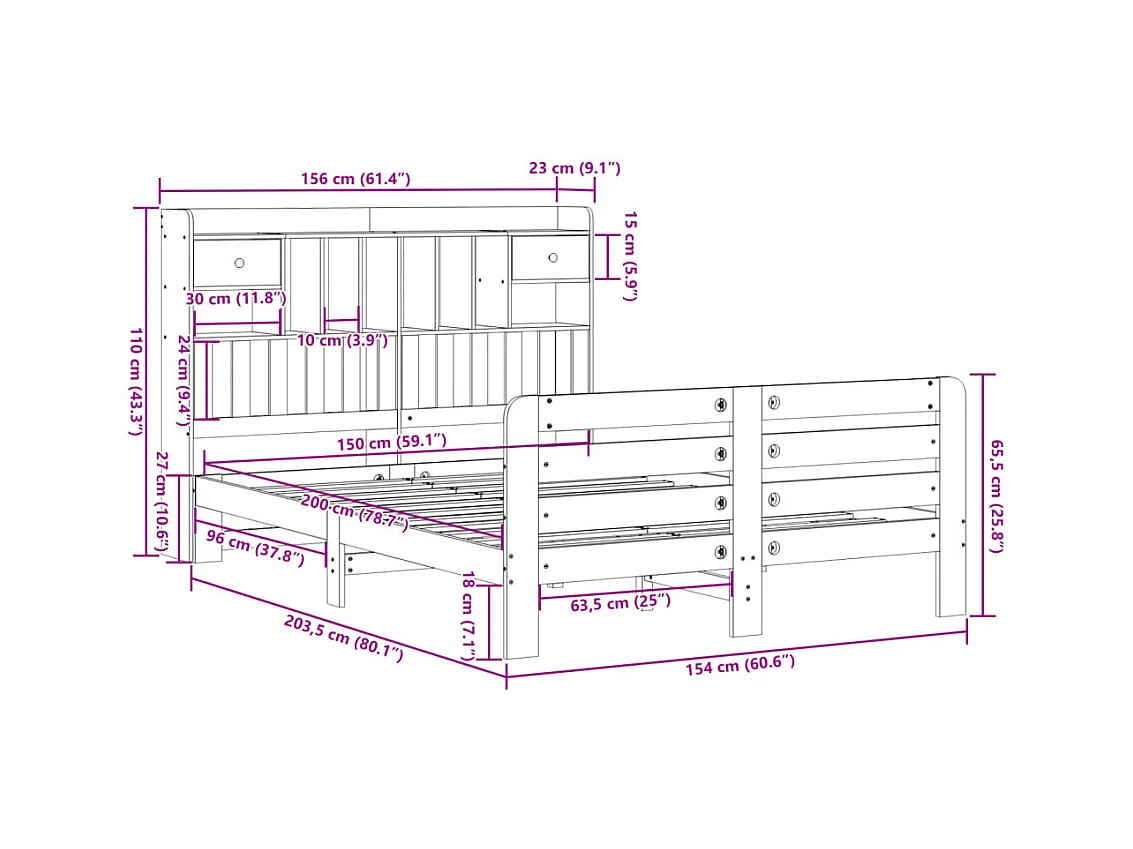 Lit bibliothèque sans matelas 150x200 cm bois massif de pin