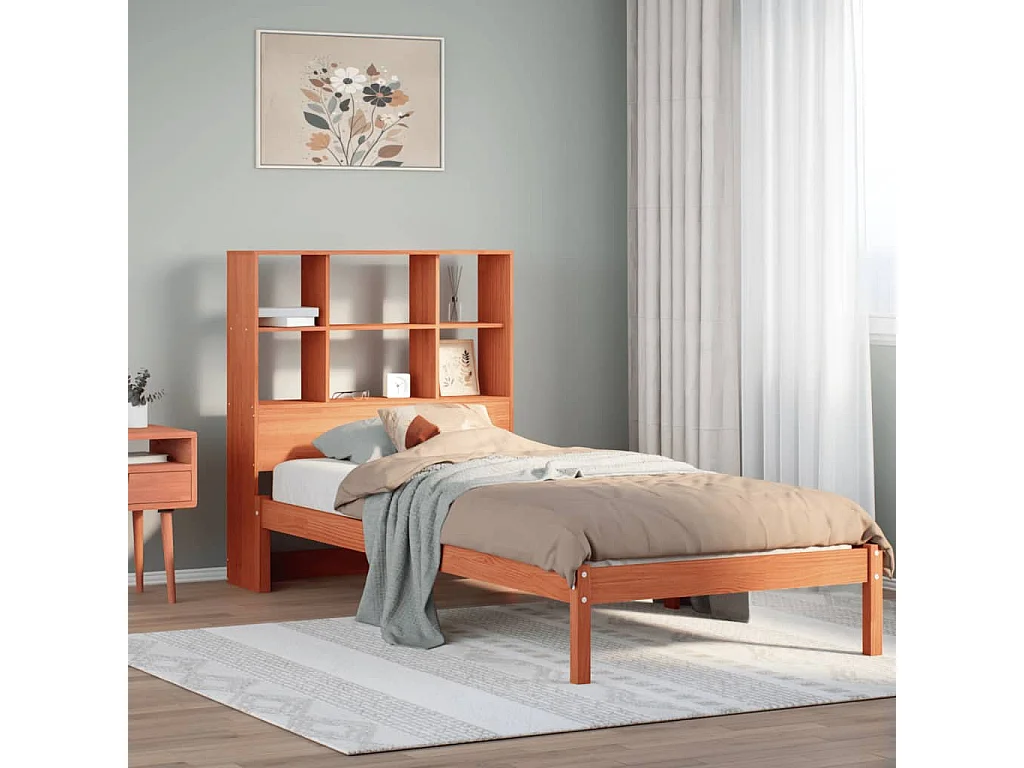 Bed met boekenkast zonder matras grenenhout wasbruin 75x190 cm