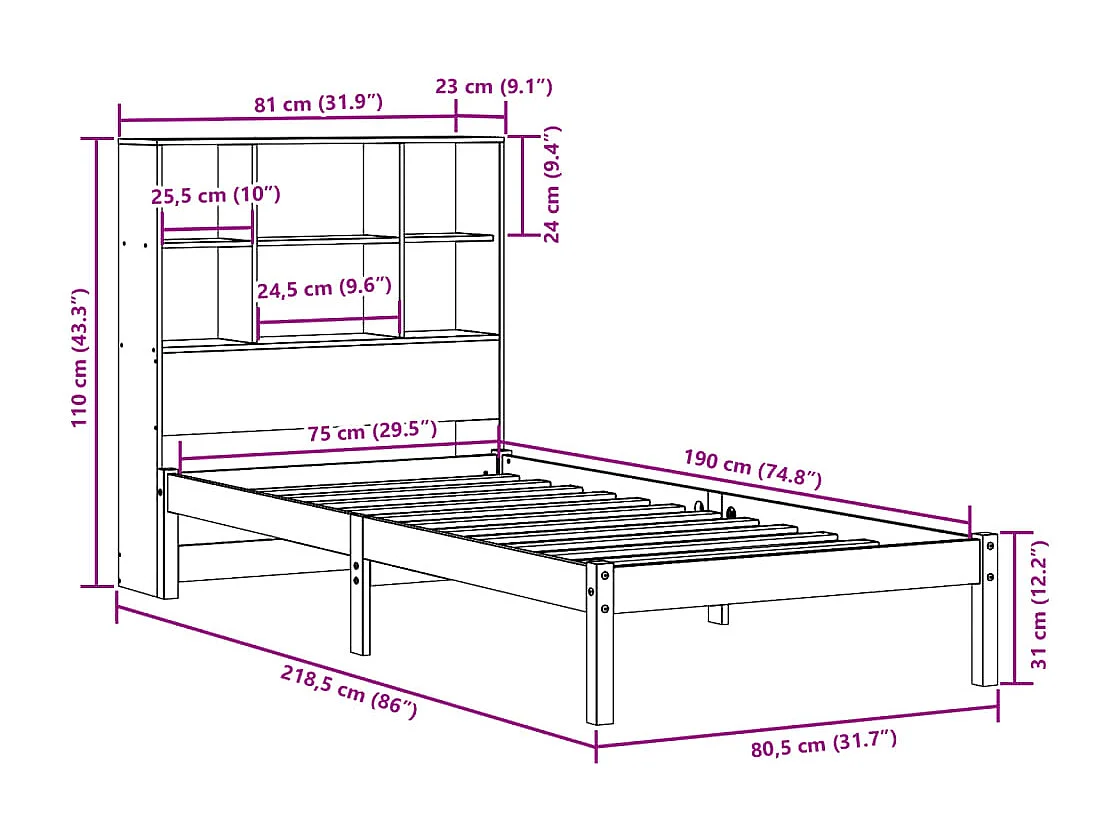 Bed met boekenkast zonder matras grenenhout wasbruin 75x190 cm