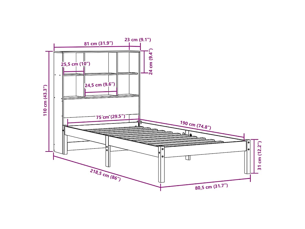 Cama com estante sem colchão 75x190cm pinho maciço castanho-mel
