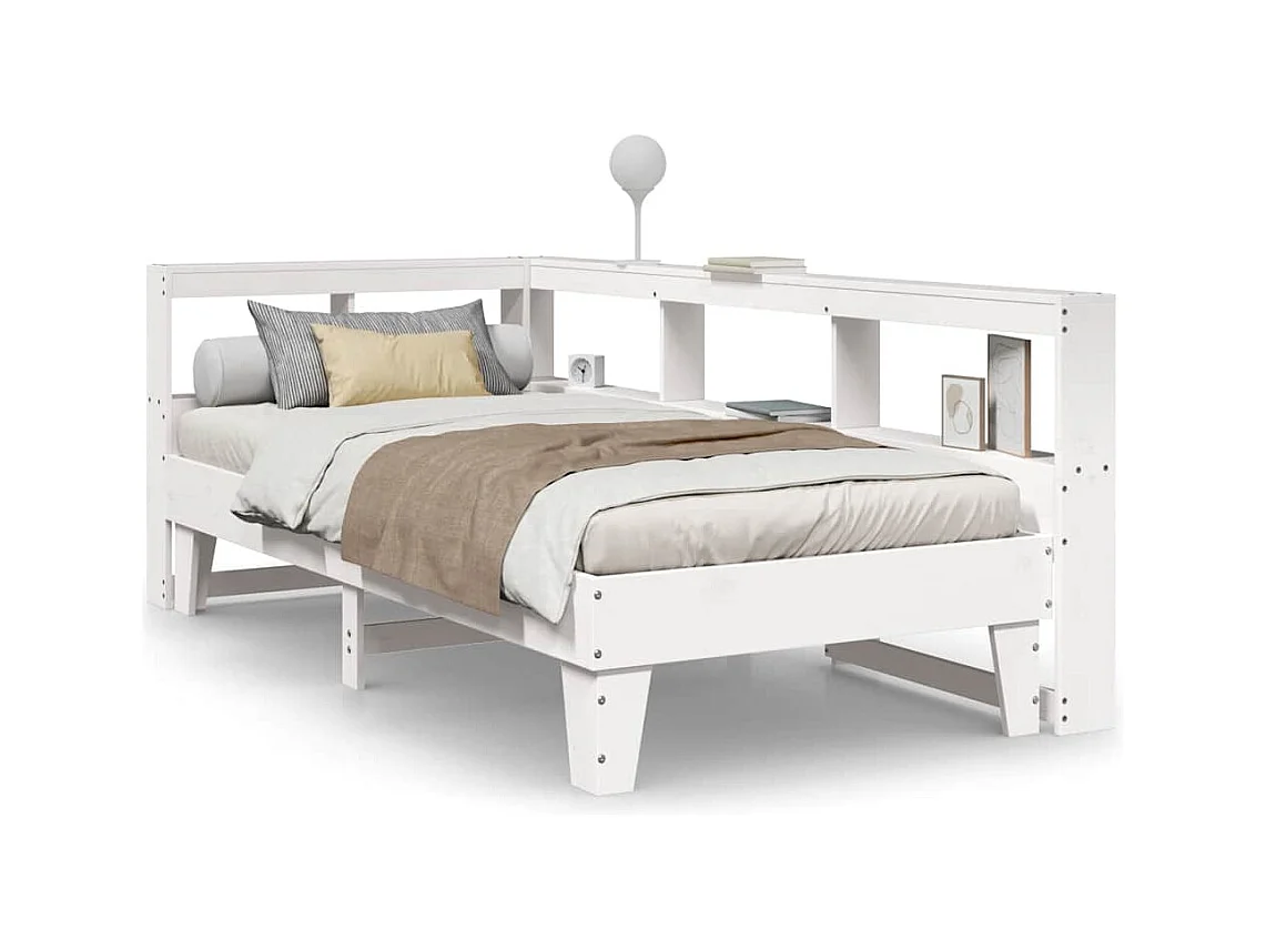 Massivholzbett mit Regal ohne Matratze Weiß 90x200 cm Kiefer