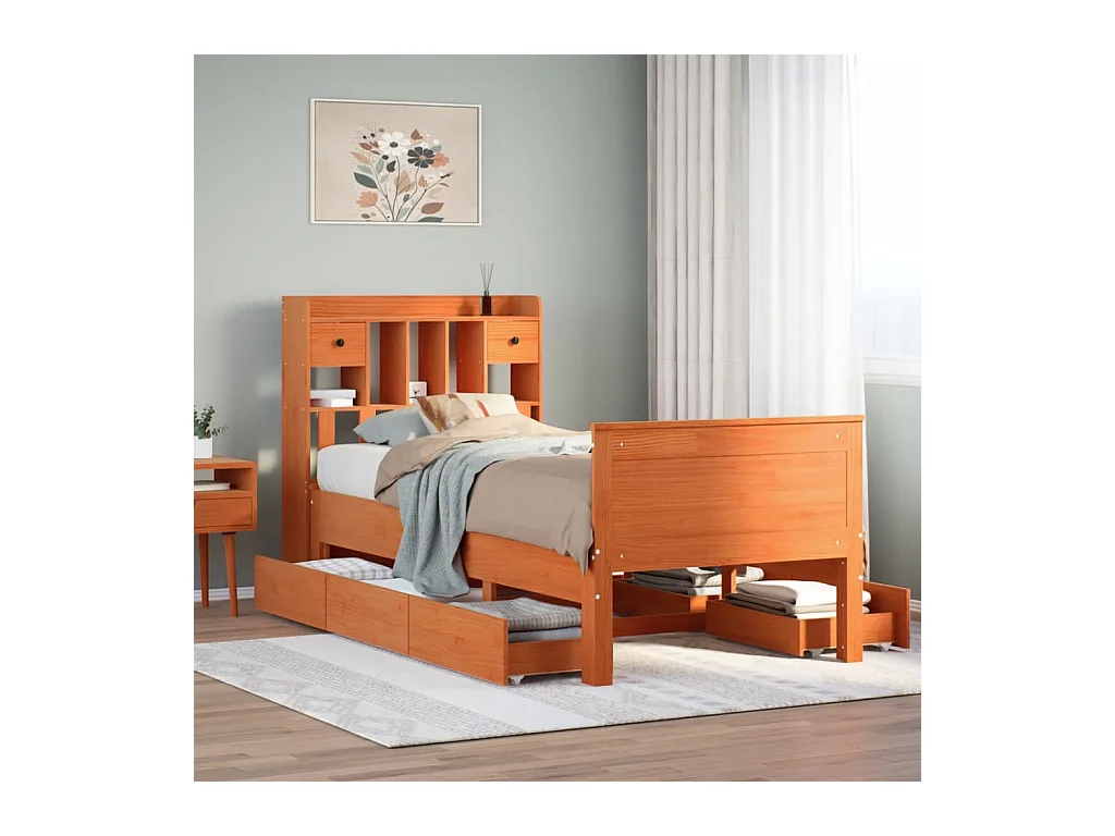 Lit bibliothèque sans matelas cire marron 100x200 cm pin massif
