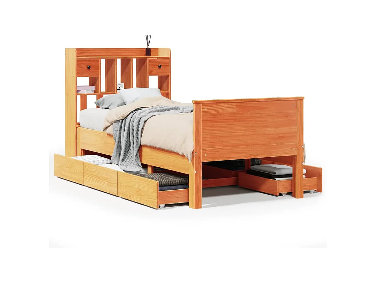 Lit bibliothèque sans matelas cire marron 100x200 cm pin massif