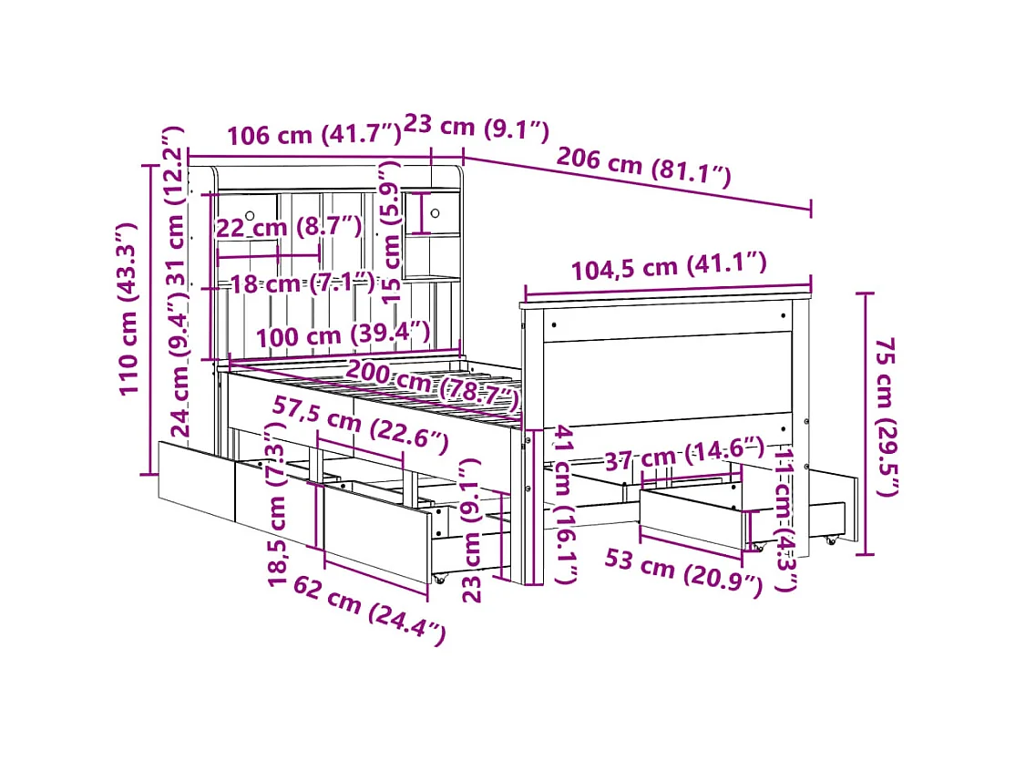 Lit bibliothèque sans matelas cire marron 100x200 cm pin massif