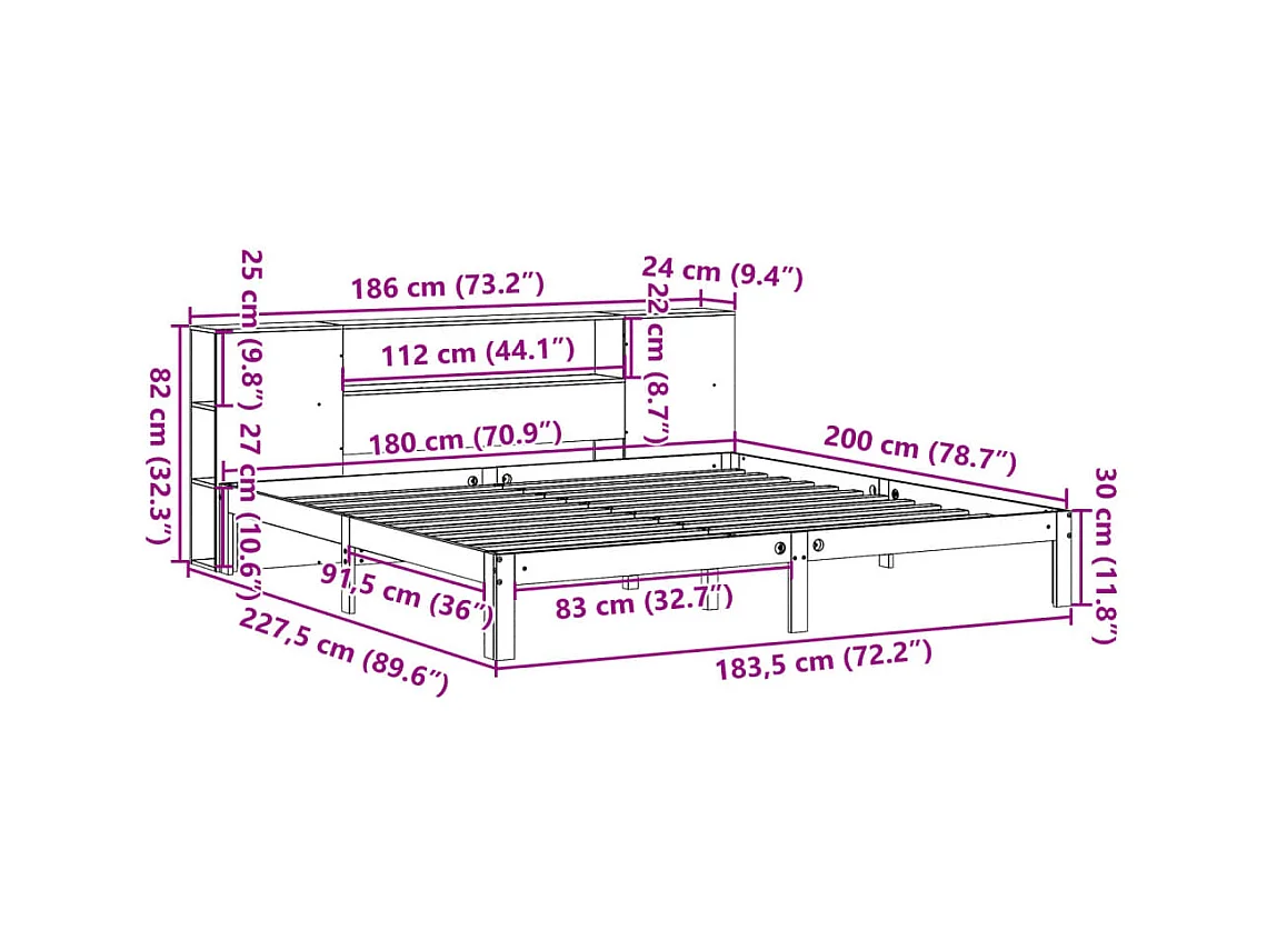 Lit bibliothèque sans matelas 180x200 cm bois massif de pin
