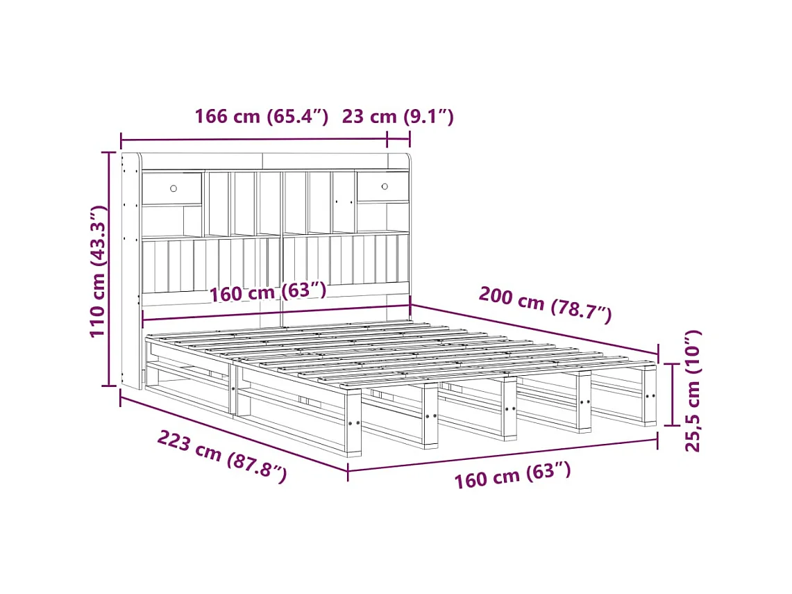 Lit bibliothèque sans matelas 160x200 cm bois massif de pin