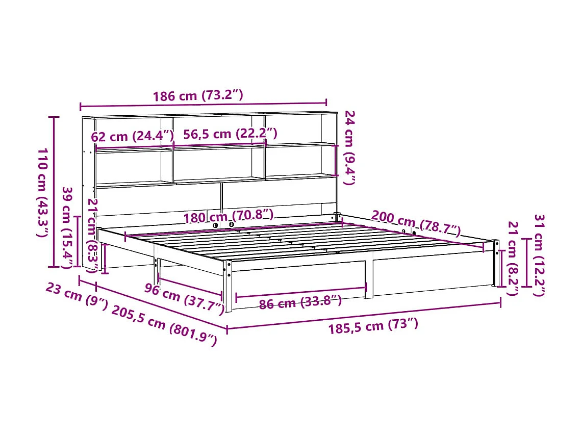 Giroletto con Libreria senza Materasso 180x200 cm in Legno Pino