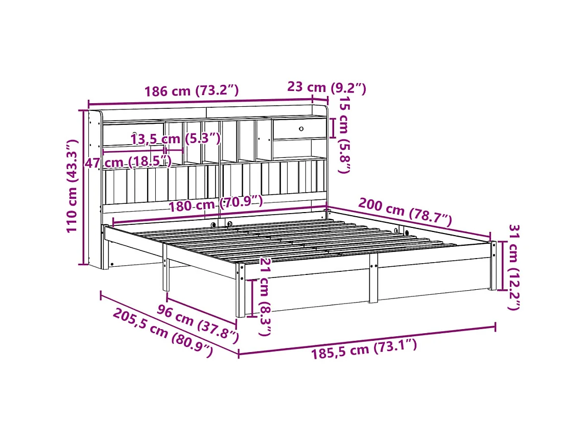 Lit bibliothèque sans matelas 180x200 cm bois massif de pin