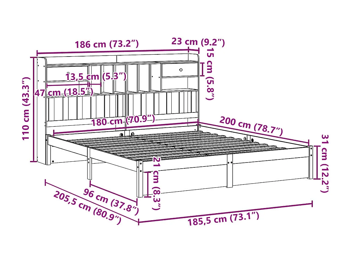 Massivholzbett mit Regal ohne Matratze 180x200 cm Kiefer