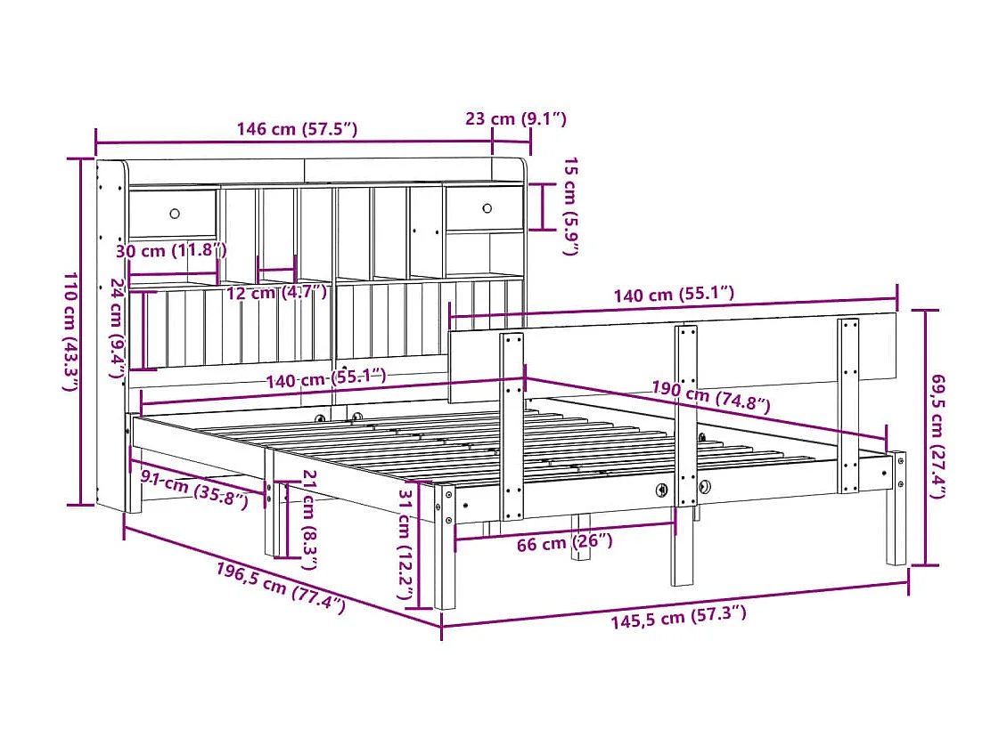 Bed met boekenkast zonder matras massief grenenhout 140x190 cm