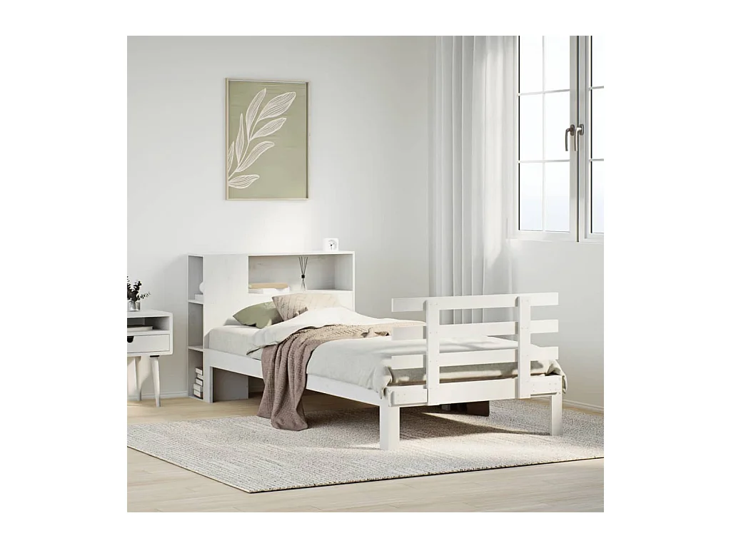 Lit bibliothèque sans matelas blanc 90x200cm bois de pin massif