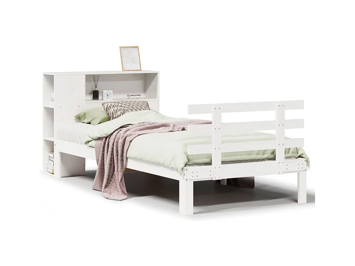 Lit bibliothèque sans matelas blanc 90x200cm bois de pin massif
