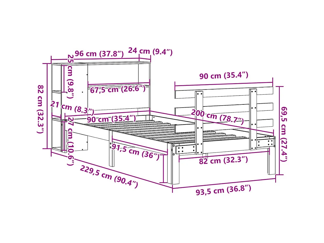 Lit bibliothèque sans matelas blanc 90x200cm bois de pin massif