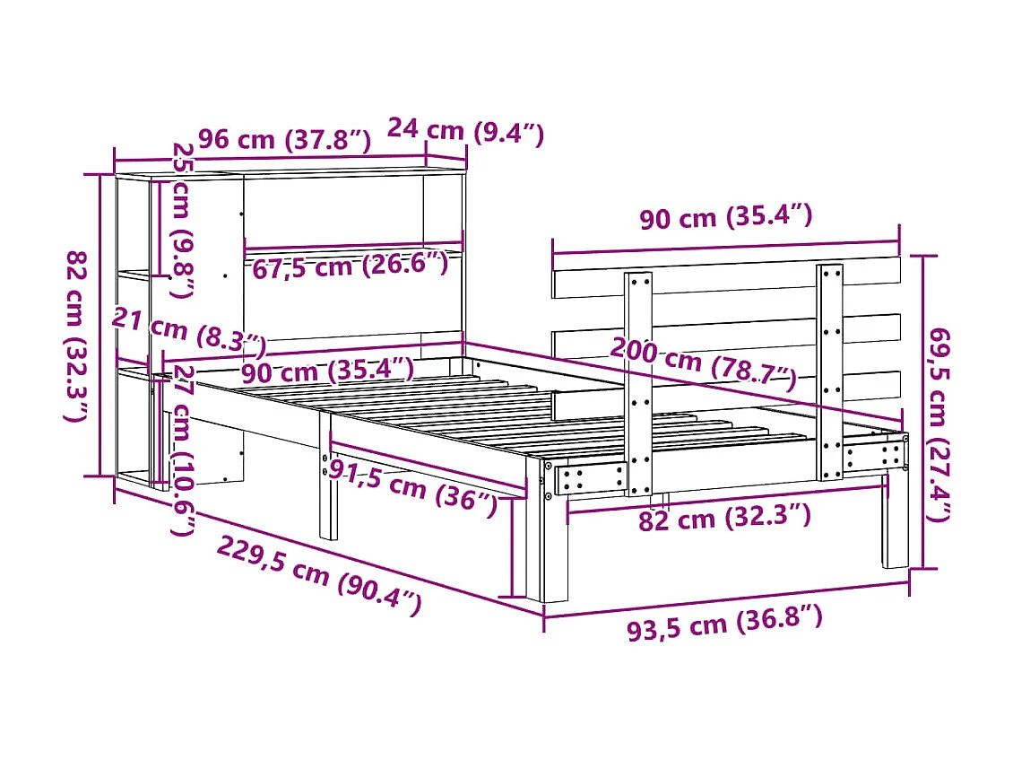 Massivholzbett mit Regal ohne Matratze Weiß 90x200 cm Kiefer